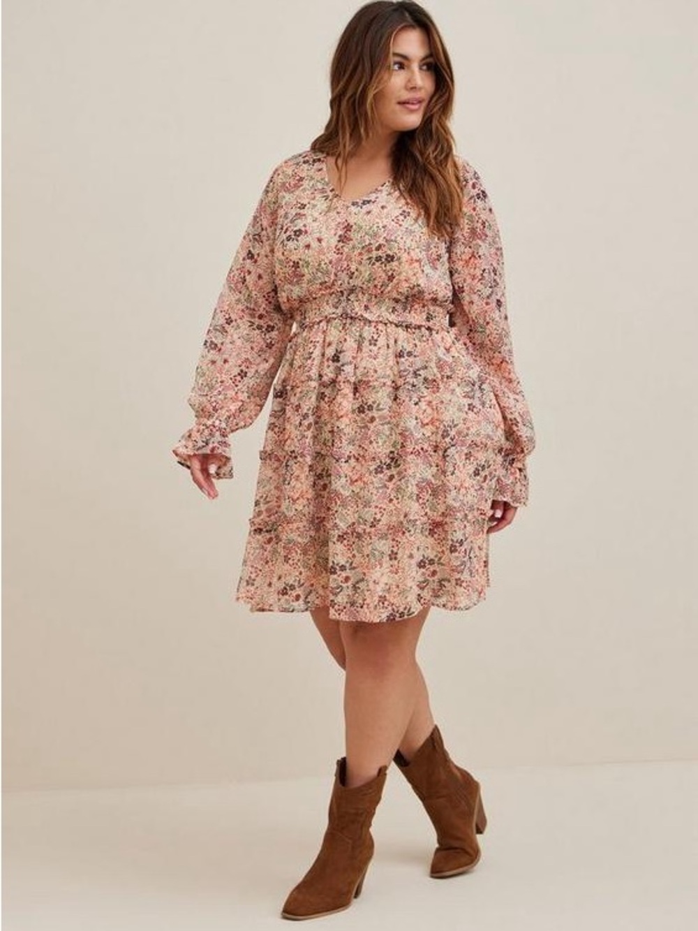 Torrid Light Pink Floral Long-Sleeve Smocked Waist Dress